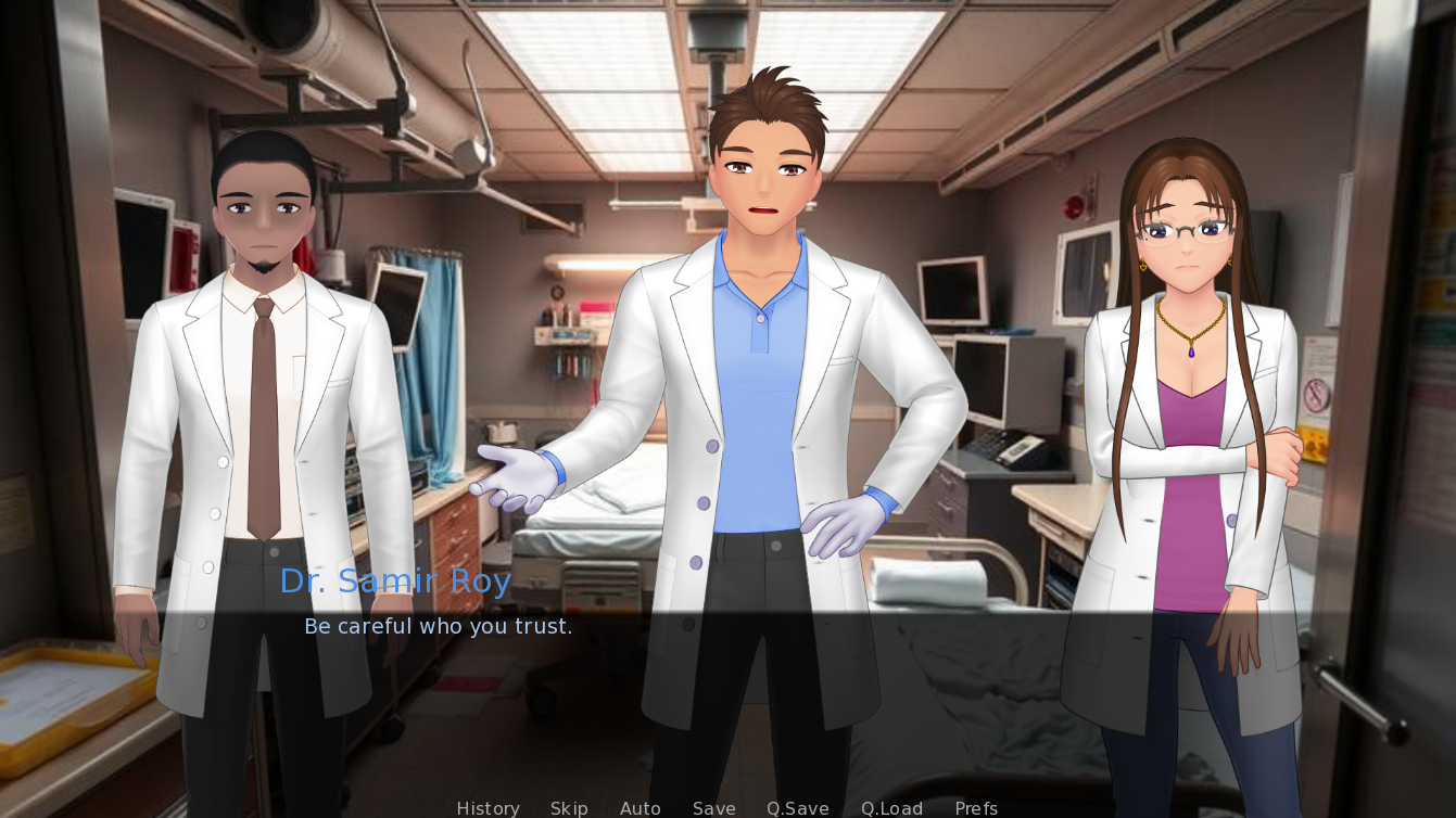 Biohazard Ward characters Dr. Samir Roy, Nurse Elena Vasquez, and Dr. Marcus Webb